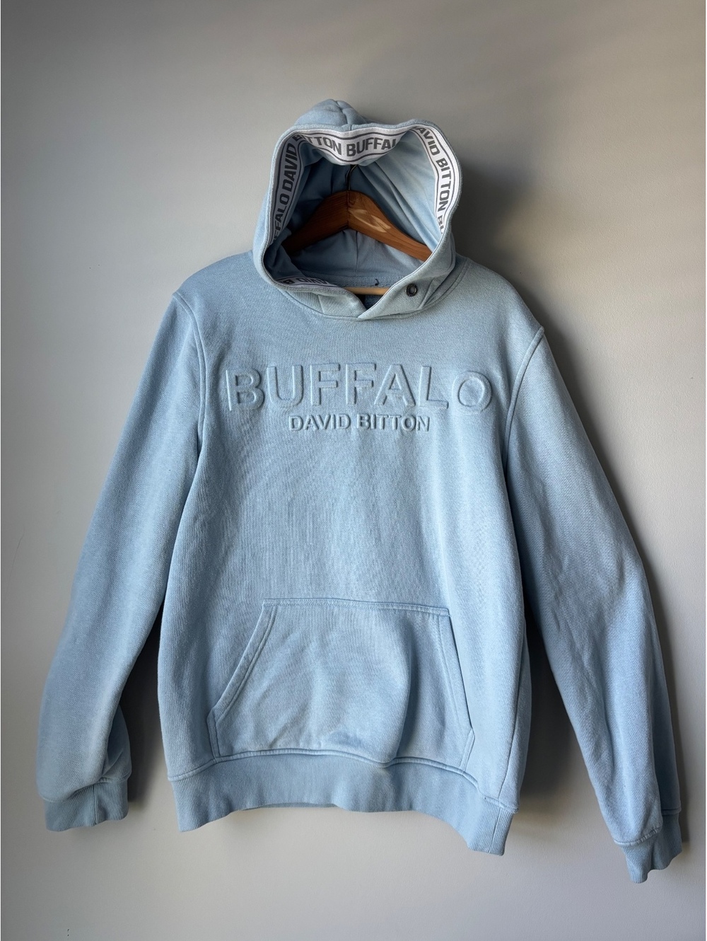 Buffalo David Bitton Light Blue Embossed Logo Pullover Hoodie Logo Tape Men's M